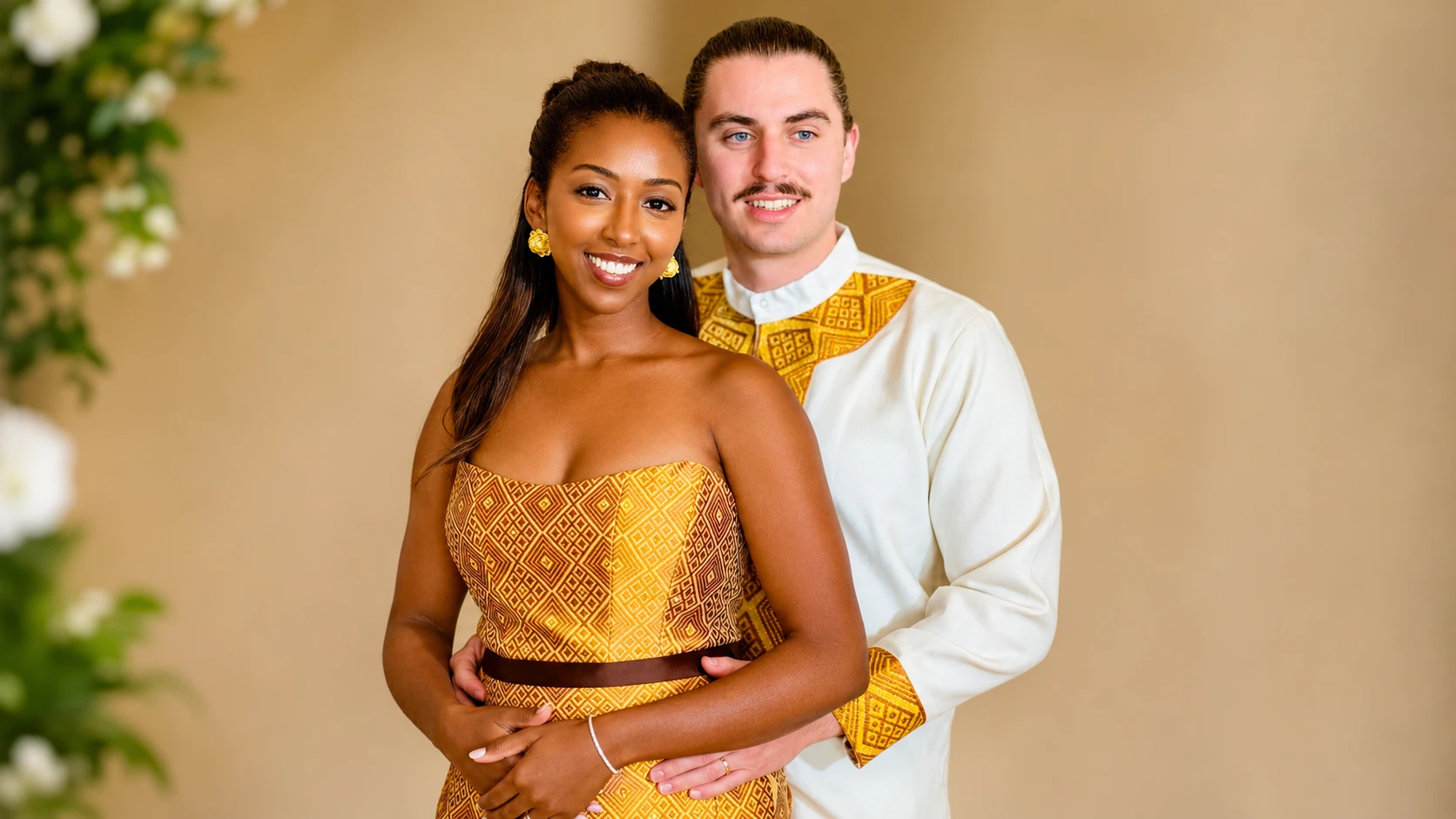 Mekaleya Tilahun and Raumin Neuville wearing traditional Ethiopian ceremonial attire during their wedding celebration in San Ramon on October 11, 2026.